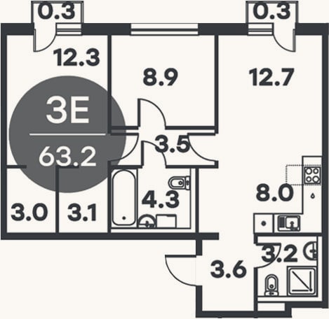Планировка: 3-к, 62,6 м²