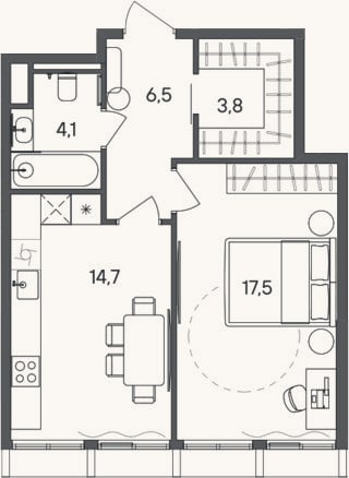 Планировка: 1-к, 46,6 м²