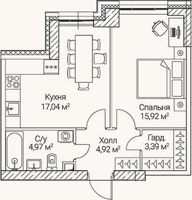 Планировка: 2-к, 46,2 м²