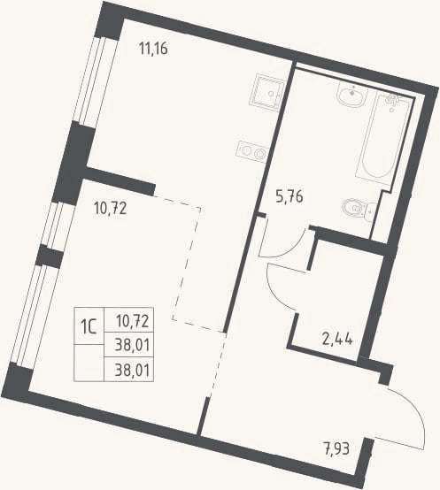 Планировка: Студия, 38 м²