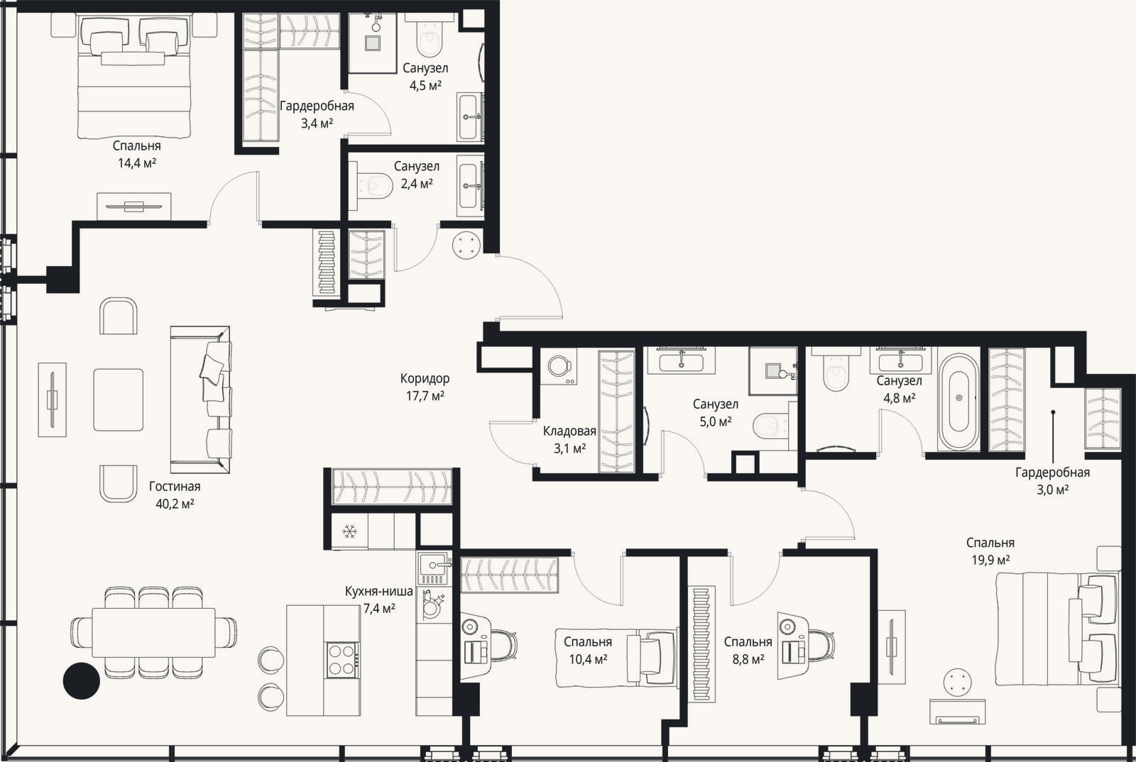 Планировка: 4+ к, 145 м²