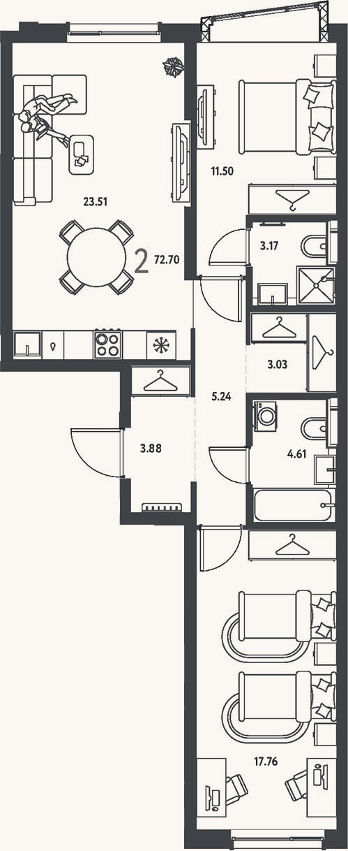 Планировка: 2-к, 72,7 м²