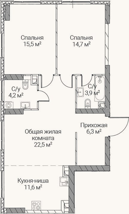 Планировка: 3-к, 78,7 м²
