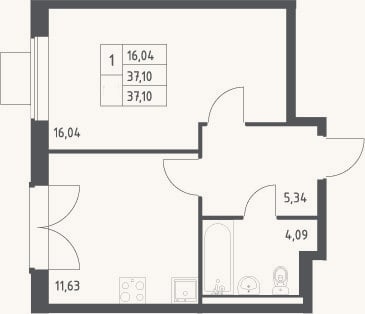 Планировка: 1-к, 37,1 м²