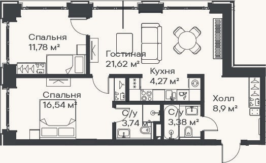 Планировка: 3-к, 70,3 м²
