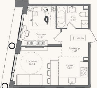 Планировка: 2-к, 39,1 м²