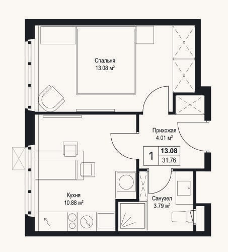 Планировка: 1-к, 31,8 м²