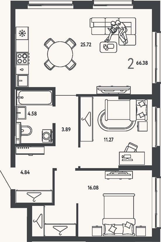 Планировка: 2-к, 66,4 м²