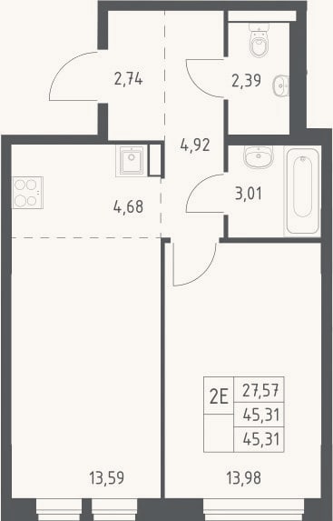 Планировка: 2-к, 45,3 м²