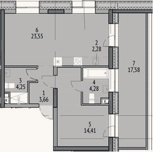 Планировка: 2-к, 57,9 м²