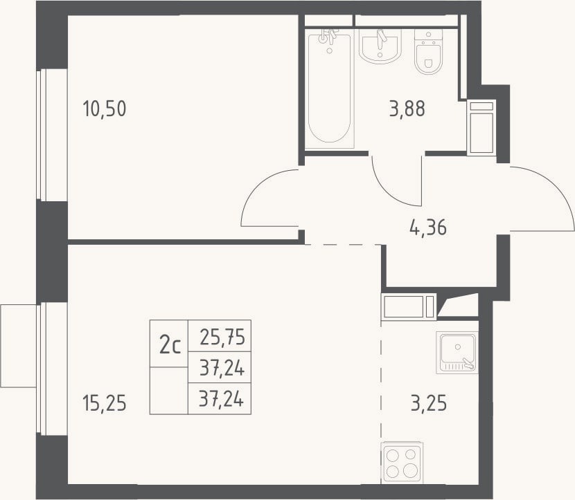 Планировка: 2-к, 37,2 м²