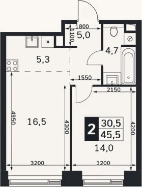 Планировка: 2-к, 45,5 м²