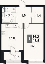Планировка: 1-к, 43,8 м²