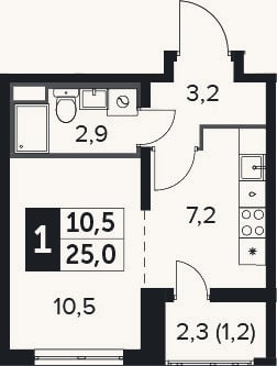 Планировка: 1-к, 23,8 м²