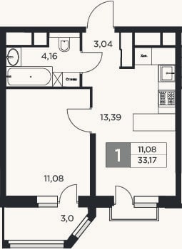Планировка: 1-к, 31,7 м²