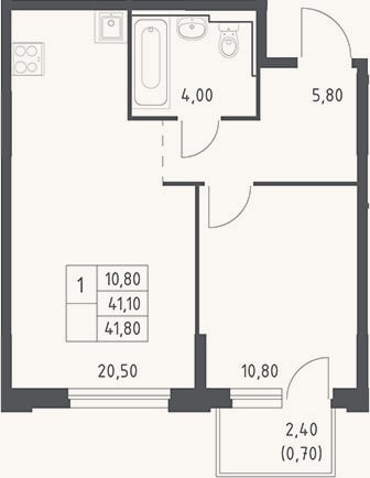 Планировка: 2-к, 41,1 м²