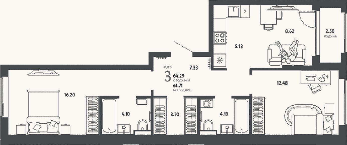 Планировка: 3-к, 61,7 м²