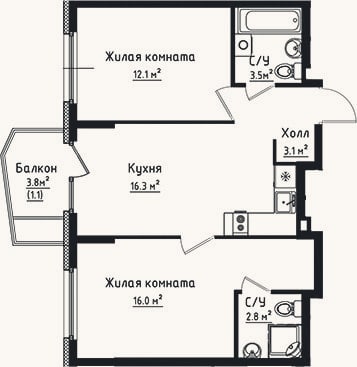 Планировка: 2-к, 53,8 м²