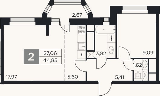 Планировка: 2-к, 43,5 м²