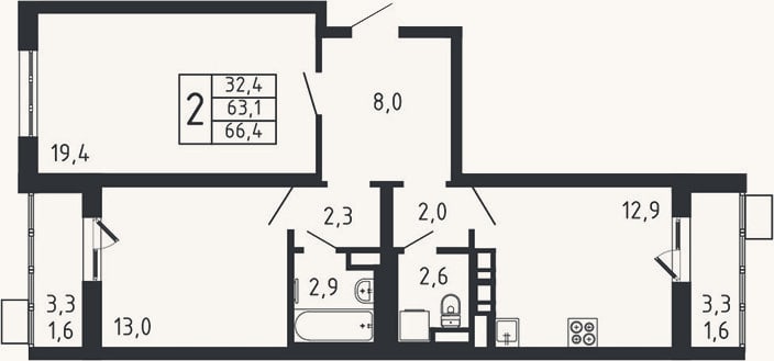 Планировка: 2-к, 63,2 м²