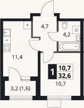 Планировка: 1-к, 31 м²