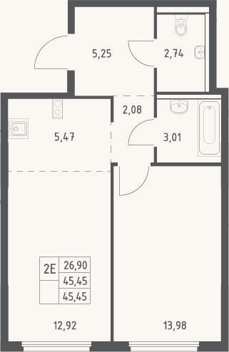 Планировка: 2-к, 45,5 м²