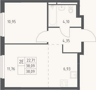 Планировка: 2-к, 38,1 м²