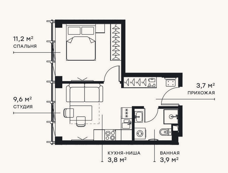 Планировка: 2-к, 32,1 м²