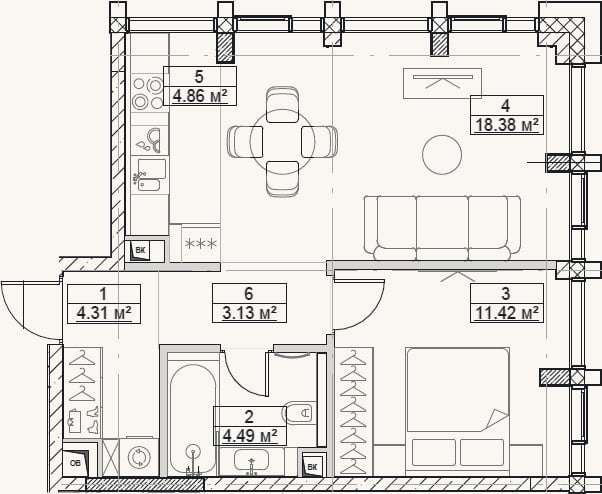 Планировка: 2-к, 46,6 м²