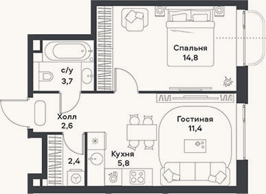 Планировка: 2-к, 40,7 м²