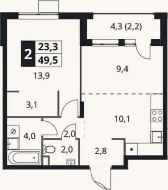 Планировка: 2-к, 48,1 м²
