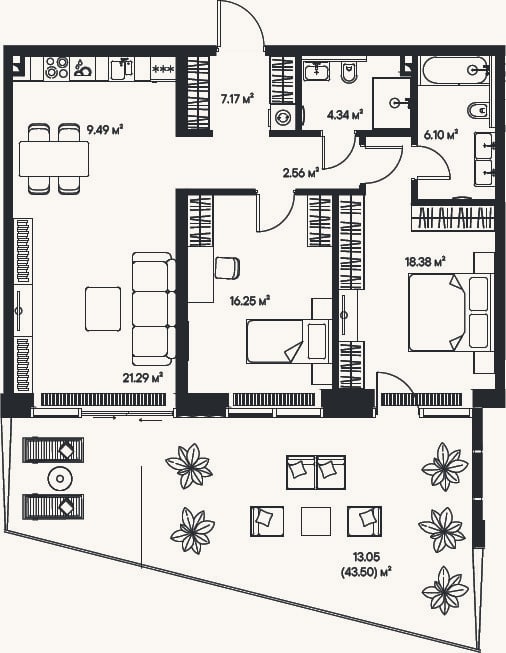 Планировка: 3-к, 85,6 м²