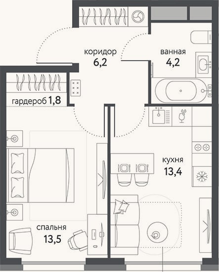 Планировка: 1-к, 39,1 м²