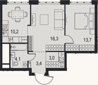 Планировка: 2-к, 50,7 м²