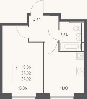 Планировка: 1-к, 34,9 м²