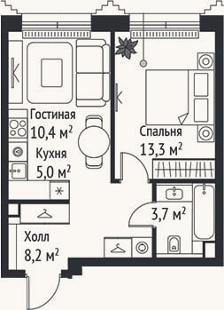Планировка: 2-к, 40,6 м²