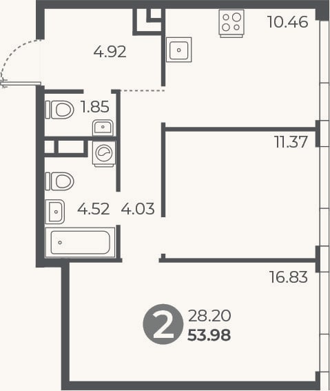 Планировка: 2-к, 54 м²