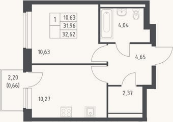Планировка: 1-к, 32 м²