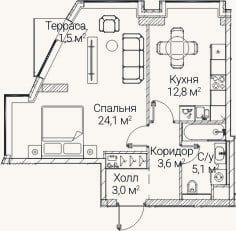 Планировка: 1-к, 46,9 м²