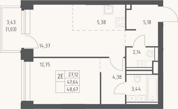 Планировка: 2-к, 47,6 м²
