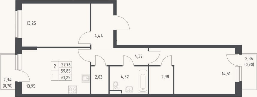 Планировка: 2-к, 59,9 м²