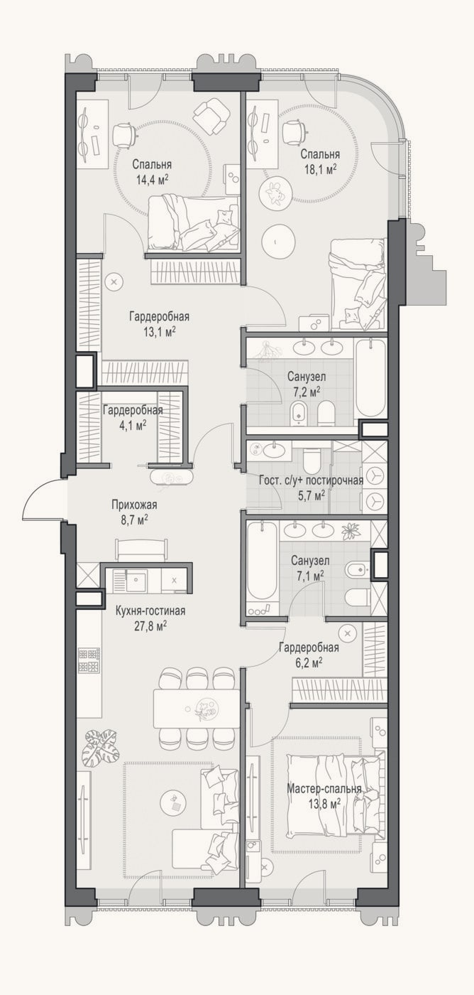 Планировка: 4+ к, 125,4 м²