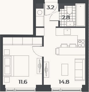 Планировка: 1-к, 32,4 м²