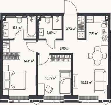 Планировка: 3-к, 60,9 м²