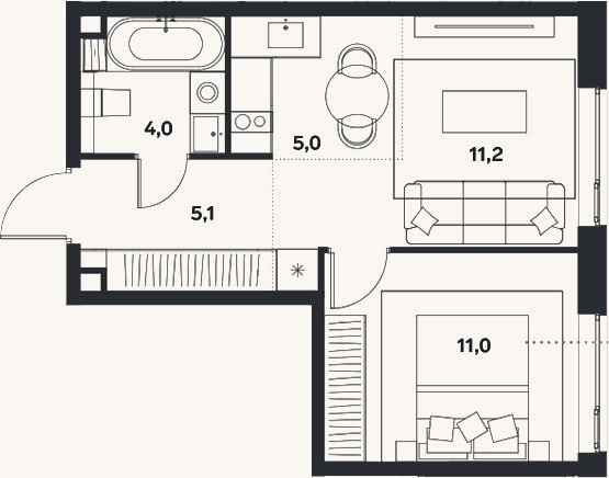 Планировка: 2-к, 36,3 м²