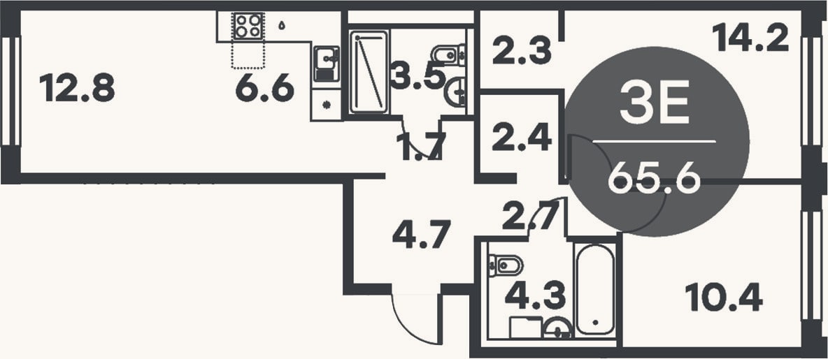 Планировка: 3-к, 65,6 м²