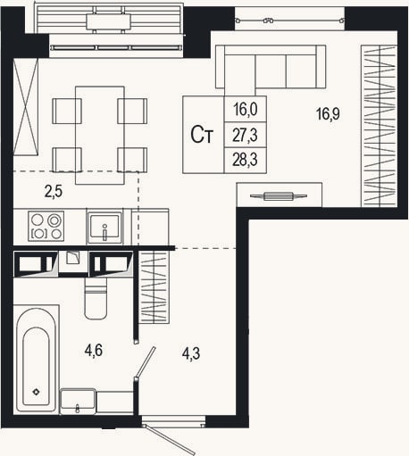 Планировка: Студия, 28,3 м²