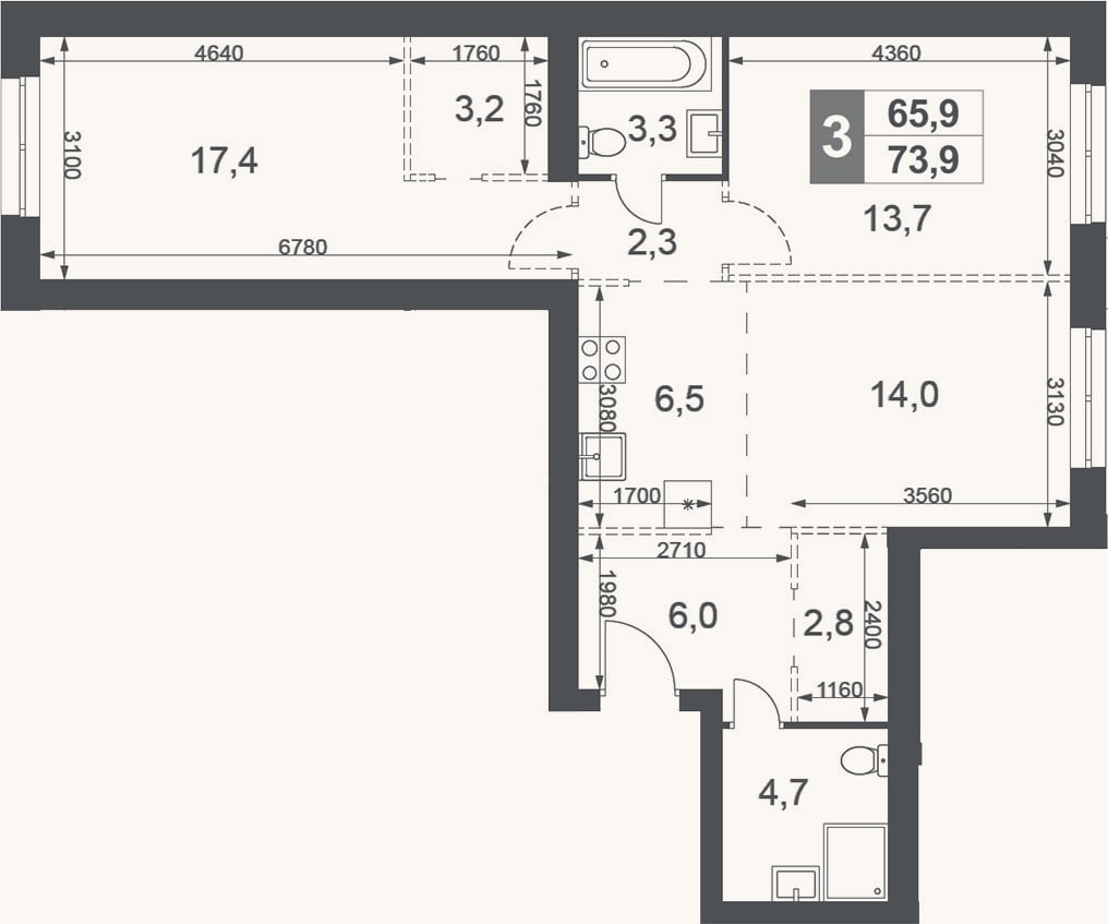 Планировка: 3-к, 73,9 м²