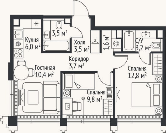 Планировка: 3-к, 54,5 м²