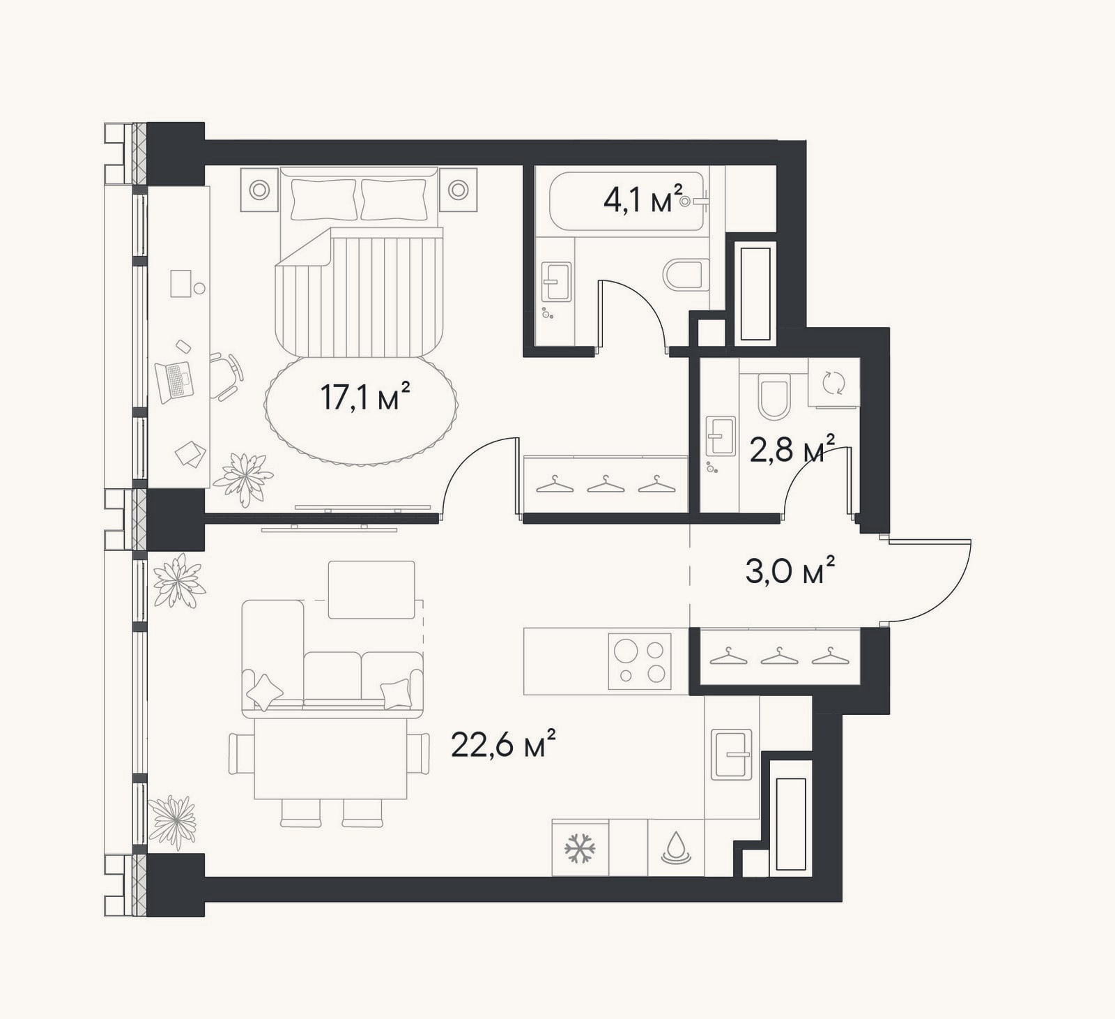 Планировка: 1-к, 49,6 м²